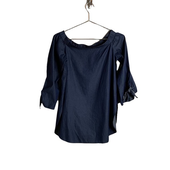 Tibi Off the Shoulder Peasant Chambray Top Women's Size 0 Blue Tie Sleeve - Picture 2 of 6